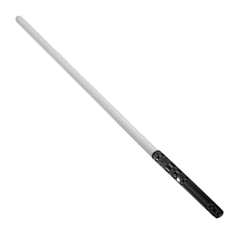 Sabre laser en métal à LED blanc, avec poignée texturée noire, présenté dans le sabre laser jouet 2-en-1 en métal rgb.