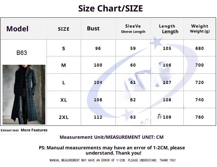 Manteau long en laine à carreaux écossais noir, cardigan, doté d’une coupe classique à double boutonnage et de manches longues.