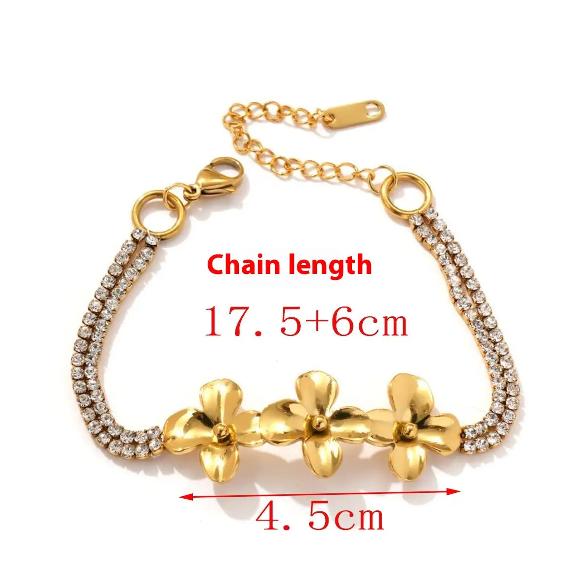 18k gold plated crystal flower double strand bracelet with gold-toned chain featuring three prominent flower charms and two rows of sparkling rhinestones.