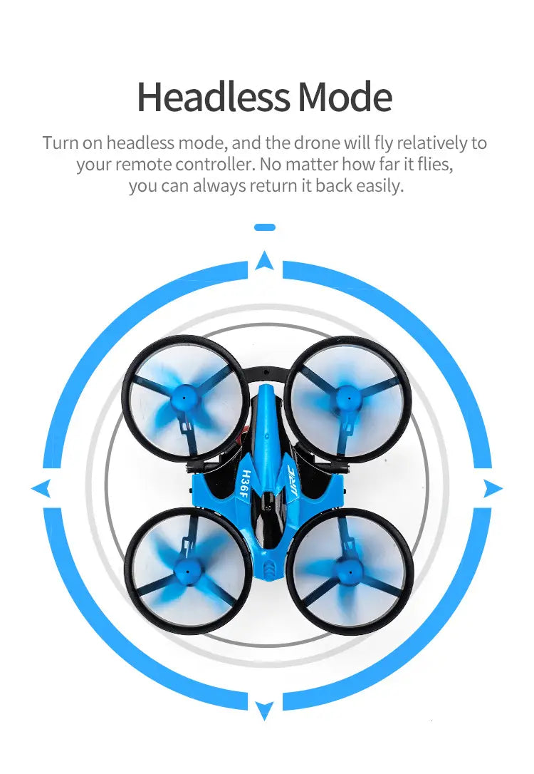 Dron cuadricóptero planeador volador RC 3 en 1 de color azul y negro, con cuatro hélices y un cuerpo aerodinámico elegante, para uso en tierra, agua y aire.