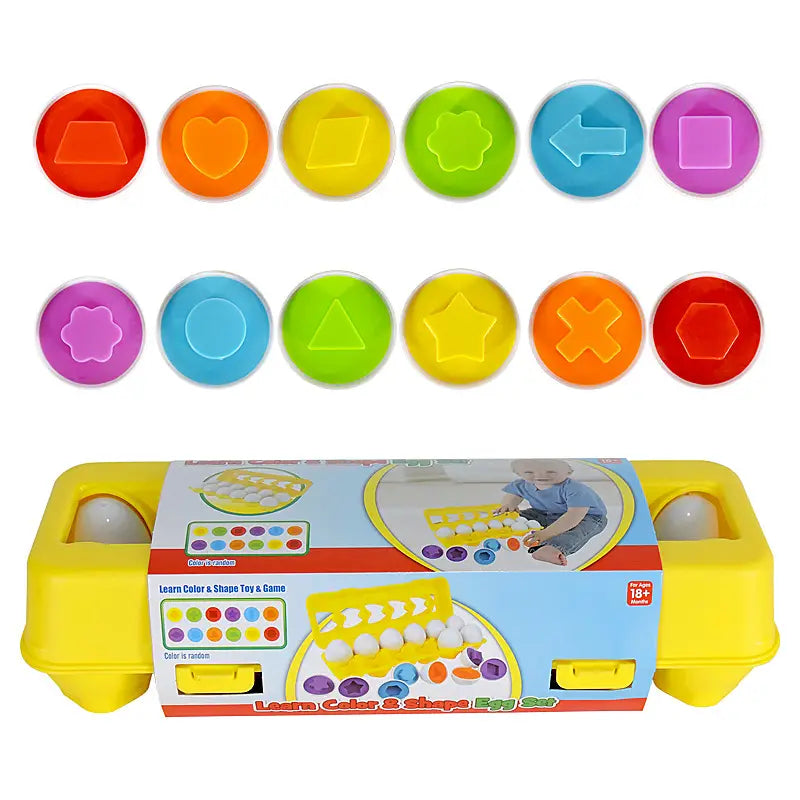 montessori matching egg toy shape and color sorter set with brightly colored plastic eggs and matching shape cutouts for learning colors and shapes.