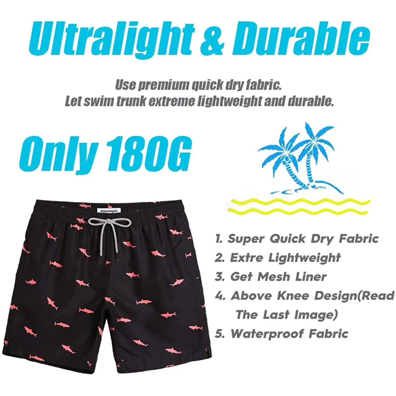 Shorts de bain séchage rapide pour hommes noirs avec des motifs de requin rose et une ceinture à cordon blanc.