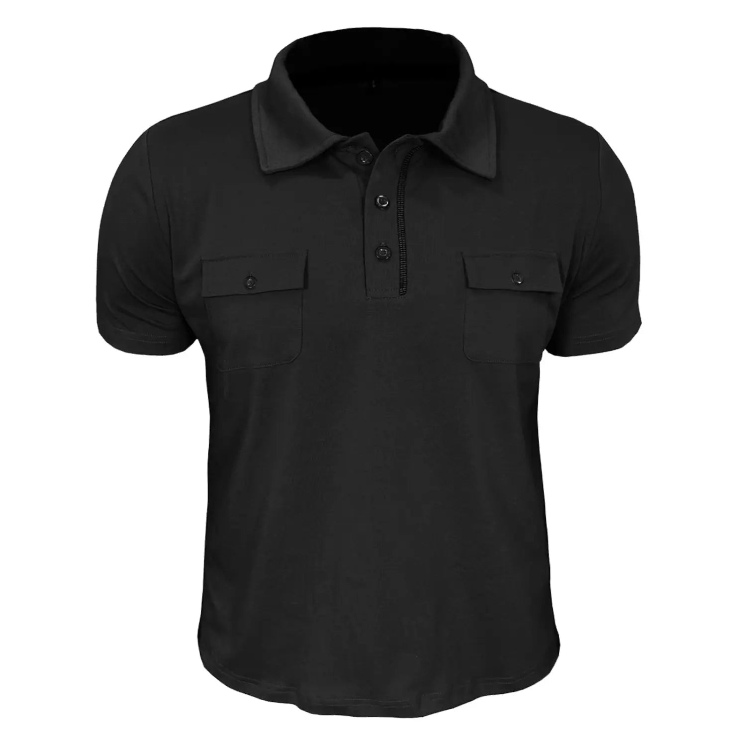 men’s black short-sleeved cotton blend polo shirt featuring a collar, two chest pockets, and a buttoned placket.