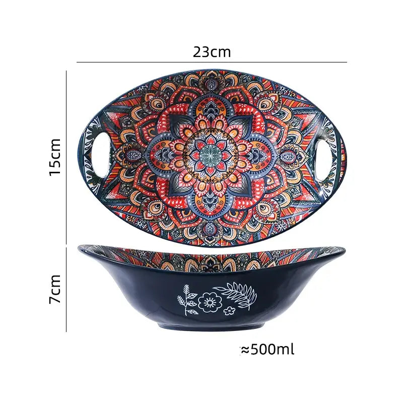 Ceramic mandala serving bowl hand painted with vibrant colors featuring two handles and a glossy black interior with a 400ml capacity.