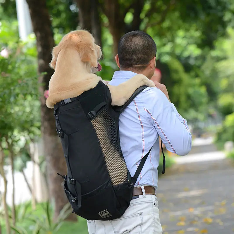 Black breathable dog backpack mesh pet carrier in gray with adjustable straps and a padded interior for comfortable pet transport.