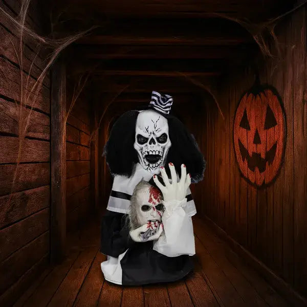 a spooky halloween decoration featuring a black and white skeleton figure in a nun’s habit holding a bloody pale faced doll sound activated and measuring 1.8 feet tall