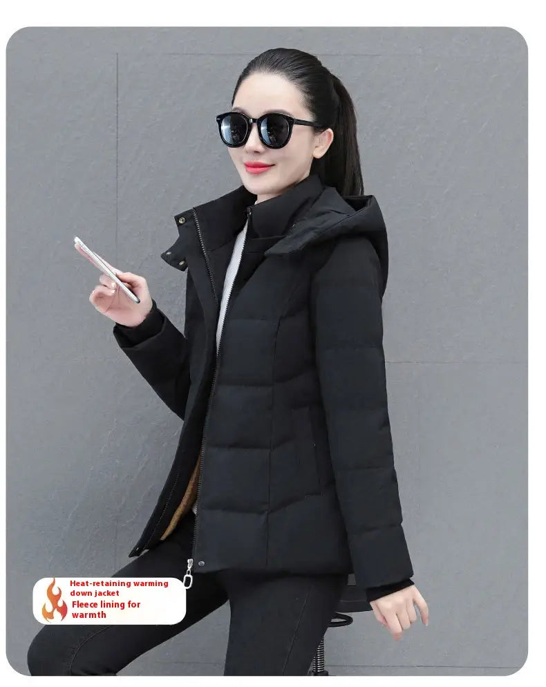 Chaqueta corta de plumón negra para mujer, abrigo acolchado abrigador para el invierno, con capucha y forro de lana polar para mayor abrigo