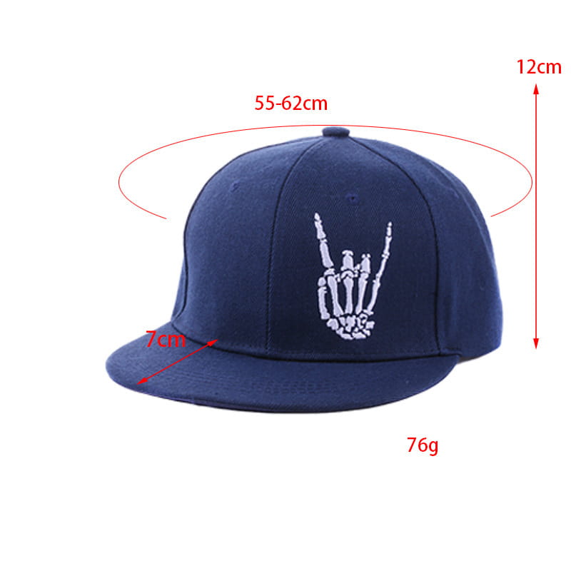 Navy blue snapback baseball cap with white embroidered skeleton hand gesture design on the front panel.