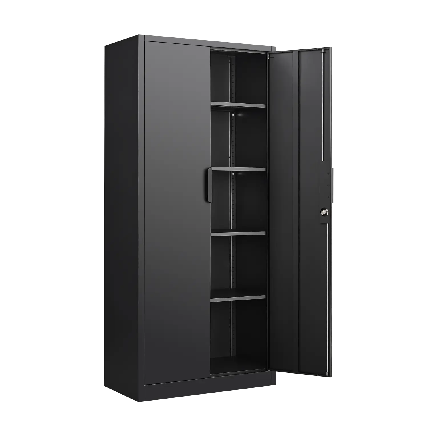 black metal two-door storage cabinet with adjustable shelves and a lock on the right door in a 70 inch steel locking file cabinet with 4 shelves.