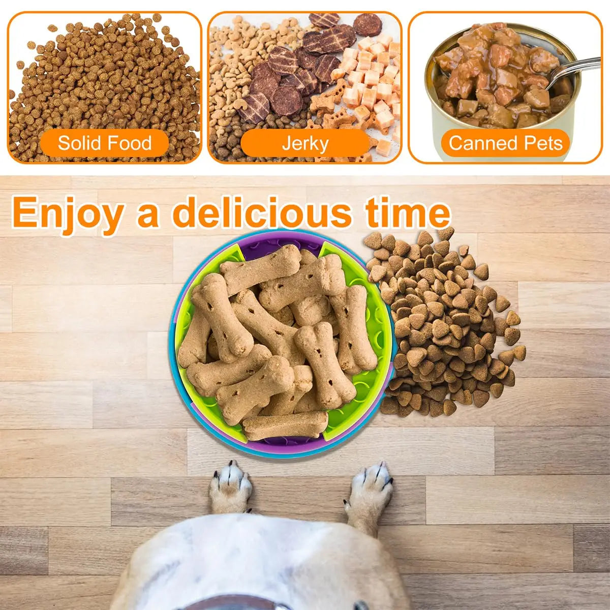 Bol à alimentation lente pour tapis à lécher et puzzle distributeur pour chien 3-en-1 en forme d’os, aux couleurs vives, avec un bord violet et vert rempli de croquettes.