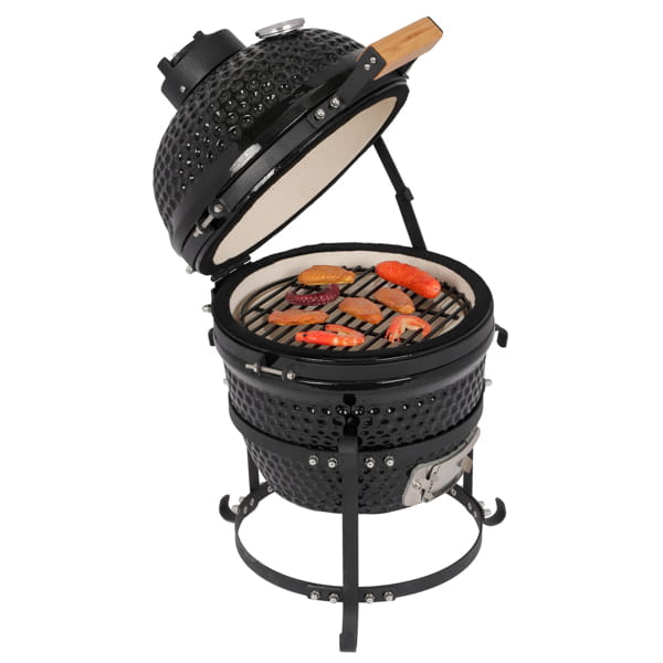 Black 13 inch ceramic kamado charcoal grill with a perforated exterior, light interior, and wooden-handled lid handle.