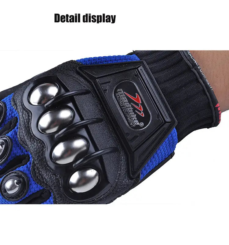 Blue and black alloy knuckle motorcycle riding gloves unisex showing the back side with silver protective knuckle pads and a branded patch.