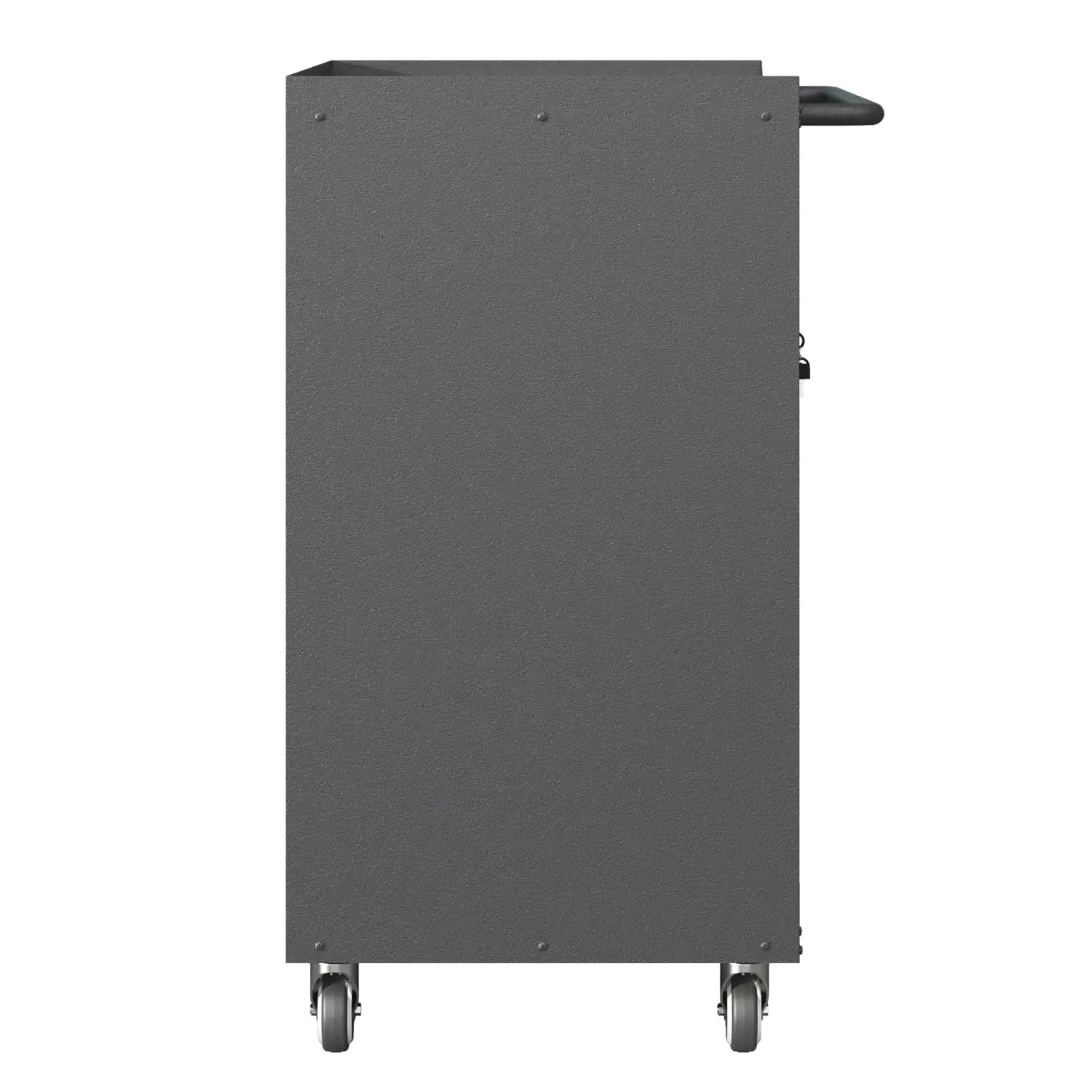 dark gray metal tool storage cabinet with four drawers black handle and four caster wheels for easy mobility