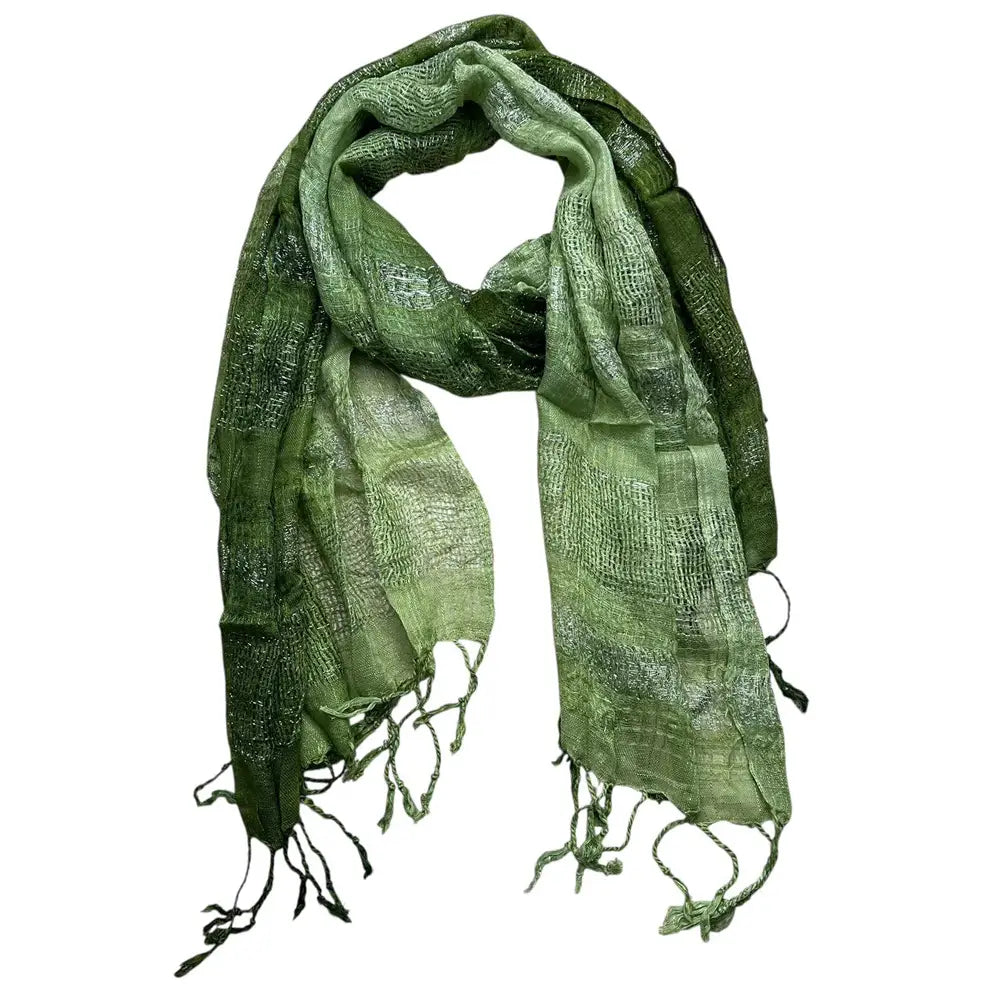 A lightweight olive green metallic shimmer scarf with a subtle textured pattern and fringed edges.