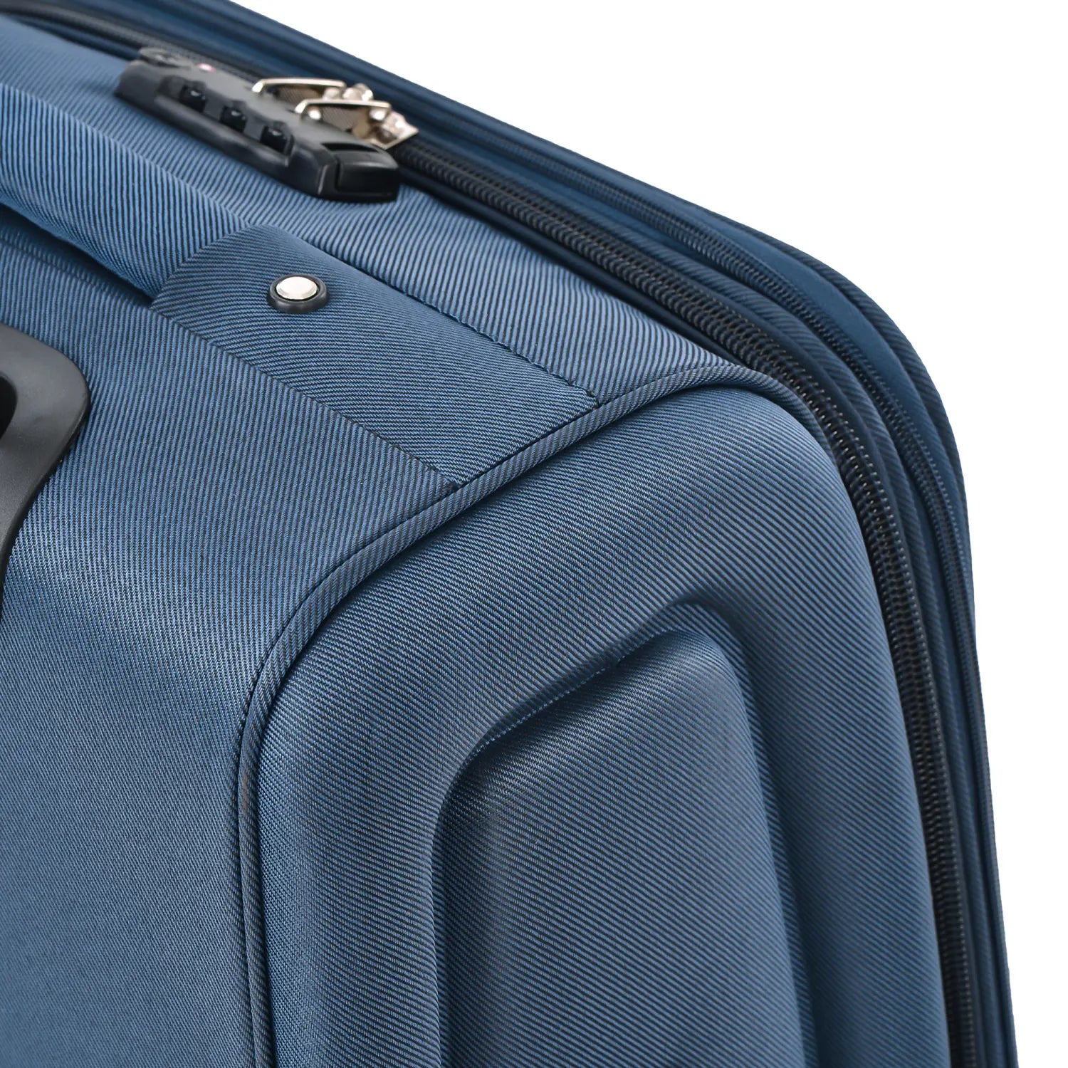 Navy blue softside expandable fabric suitcase with textured material black zipper and combination lock from a 3 piece spinner luggage set.