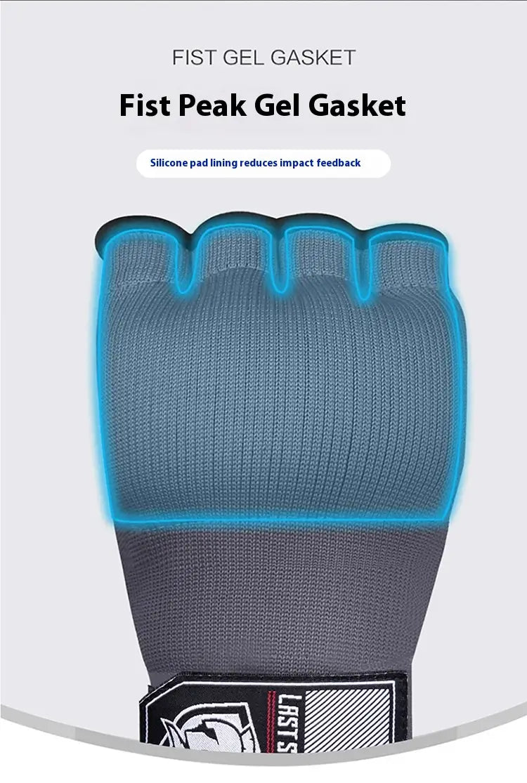 Gray and blue fist peak gel boxing hand wrap gloves fitness half finger with silicone pad lining for reduced impact feedback.