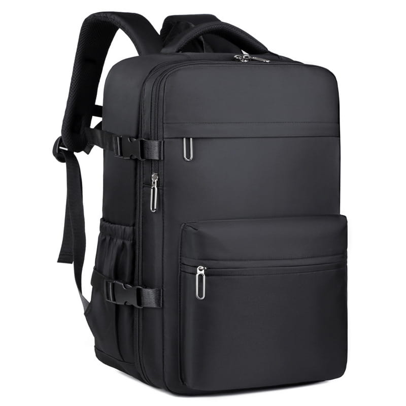 Mochila negra de nailon con compresión al vacío para laptop de 15 pulgadas y 35 L, con múltiples compartimentos con cremallera y correas de hombro ajustables.