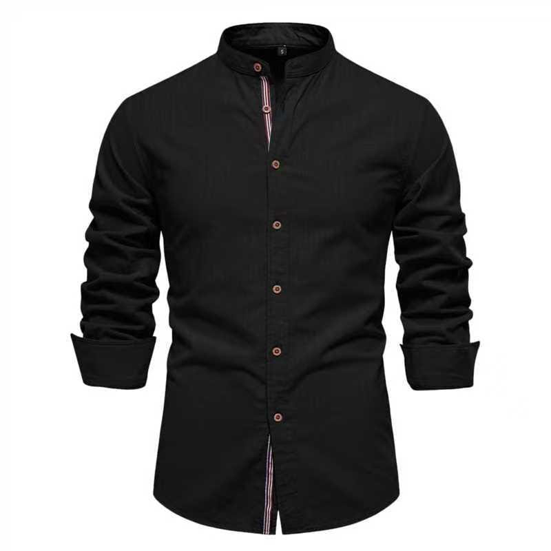 Men’s slim fit linen blend mandarin collar shirt in black featuring subtle pink and white striped inner placket detail and long sleeves.