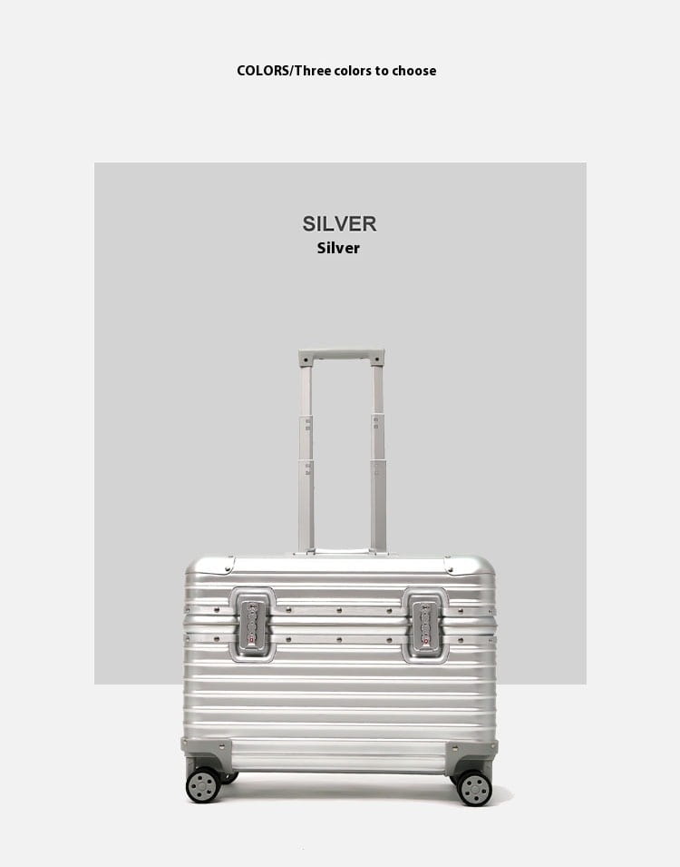 Silberner Aluminiumrahmen-Rollkoffer mit gerippter Struktur, ausziehbarem Griff für Gepäckgrößen von 20 bis 24 Zoll.