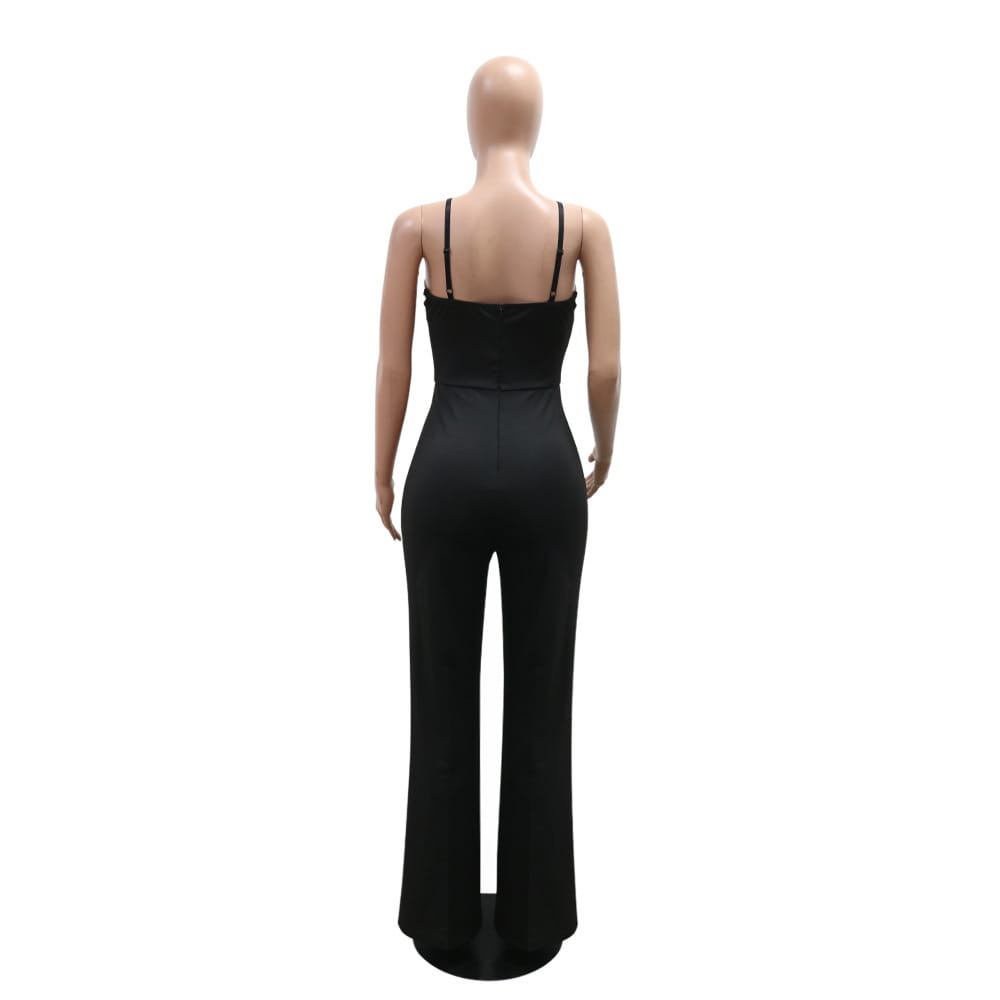 Black satin strap butterfly wing slim fit jumpsuit with a fitted bodice and wide-leg pants