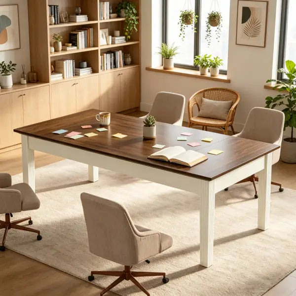 Un elegante escritorio ejecutivo moderno de 62 pulgadas en madera blanca y marrón, con sobre rectangular de madera oscura y patas blancas.