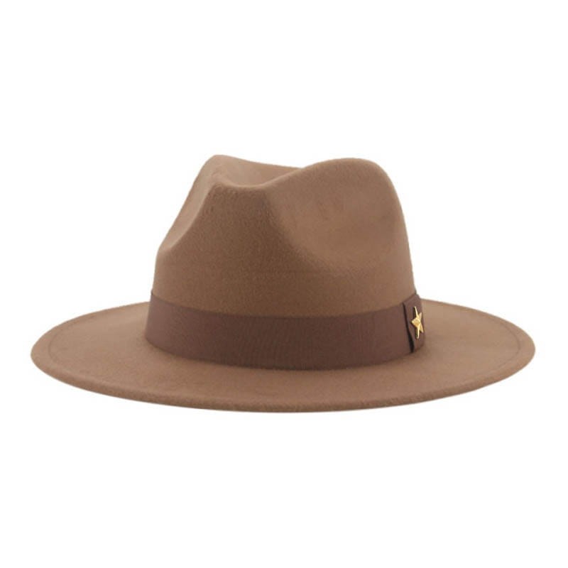 A tan wool felt fedora hat featuring a matching brown band and a small gold star accent.