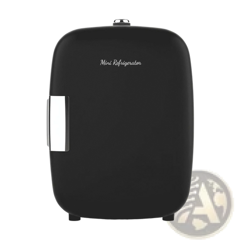 Black matte finish 5l portable mini fridge with sleek silver handle and top knob for skincare and beverages storage