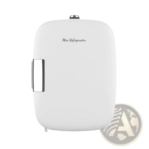 White sleek 5l portable mini fridge with silver handle and top vent for skincare and beverages storage