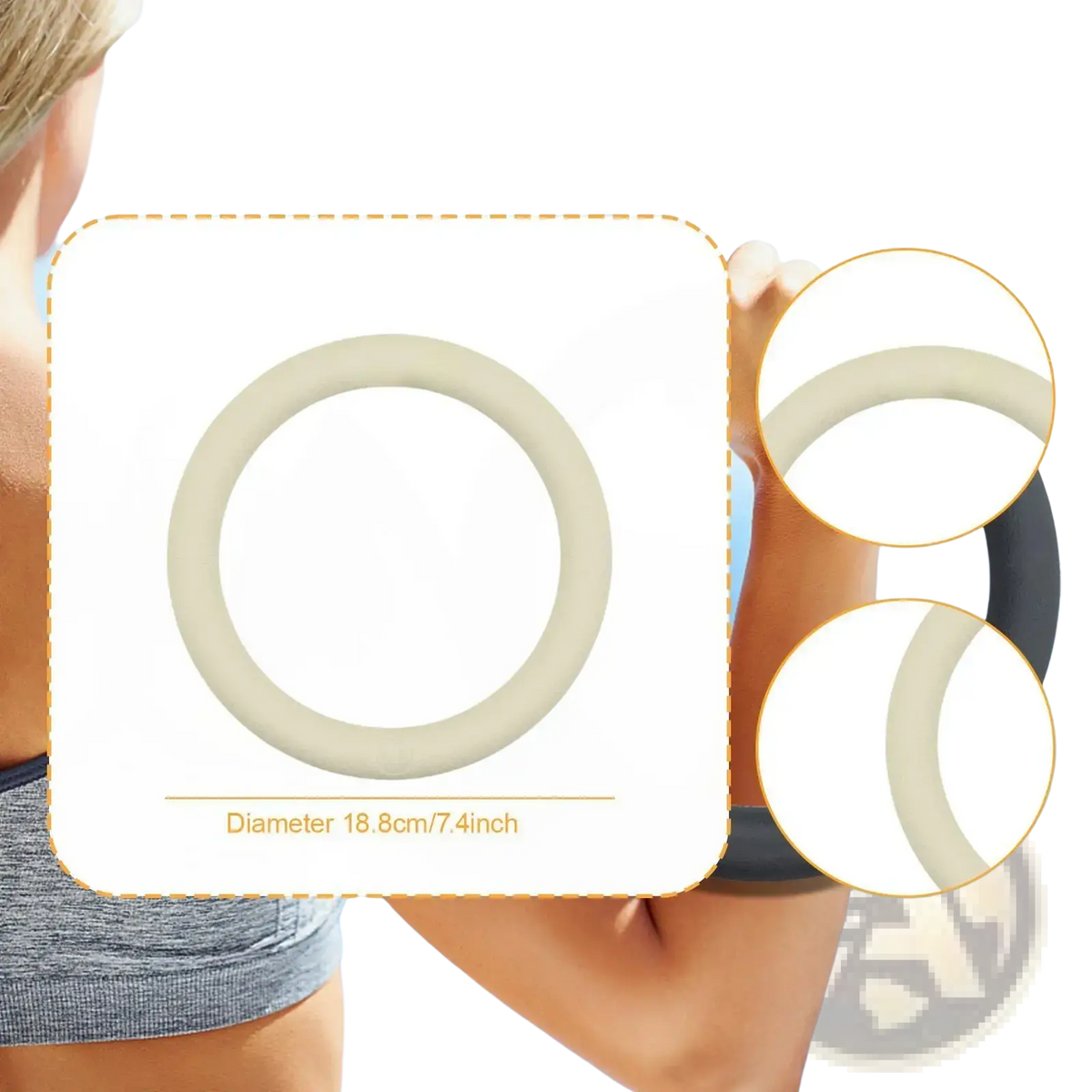 Beige silicone 5lb weighted fitness ring with smooth flexible texture and 18.8cm diameter for pilates and strength training