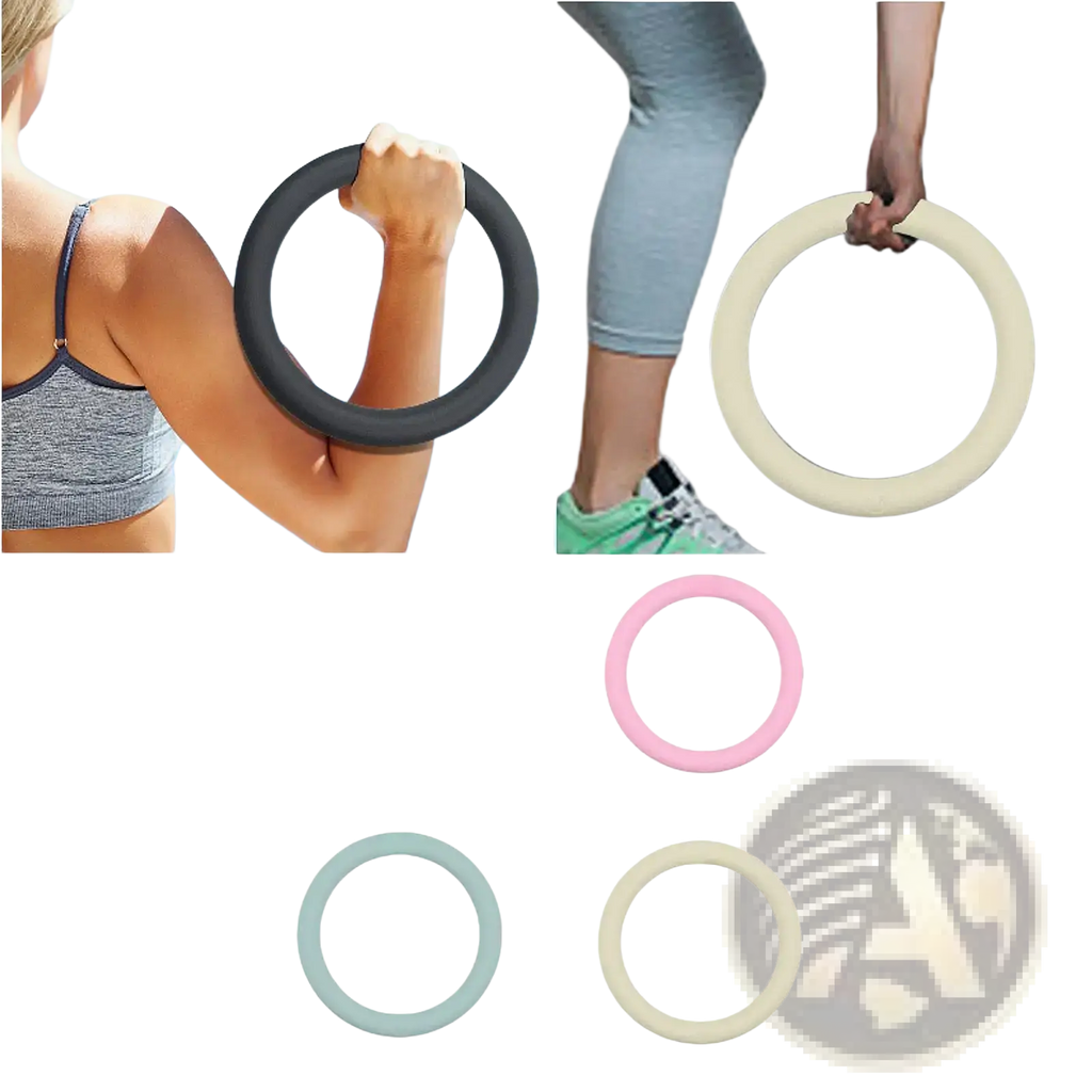 Black and pastel-colored silicone 5lb weighted fitness rings for Pilates and strength training use