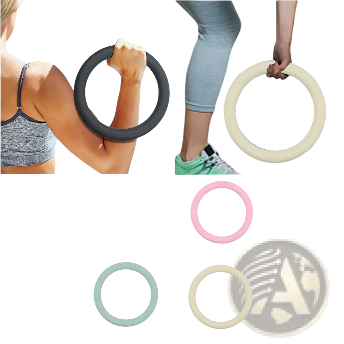 Black and pastel-colored silicone 5lb weighted fitness rings for Pilates and strength training use