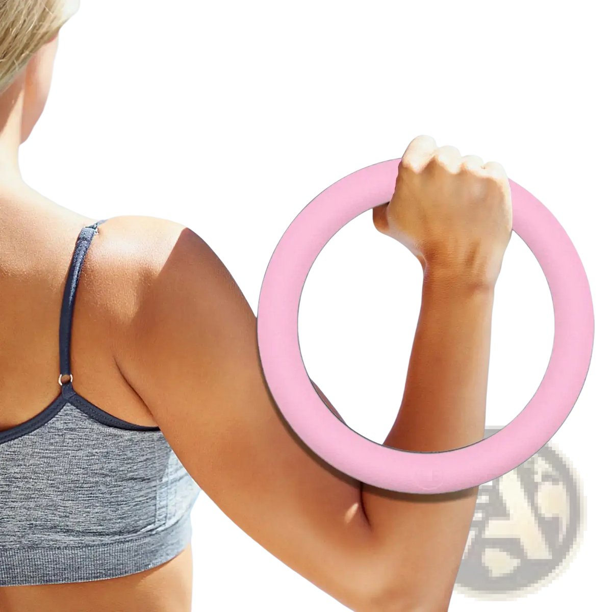 Pink silicone 5lb weighted fitness ring designed for Pilates and strength training exercises