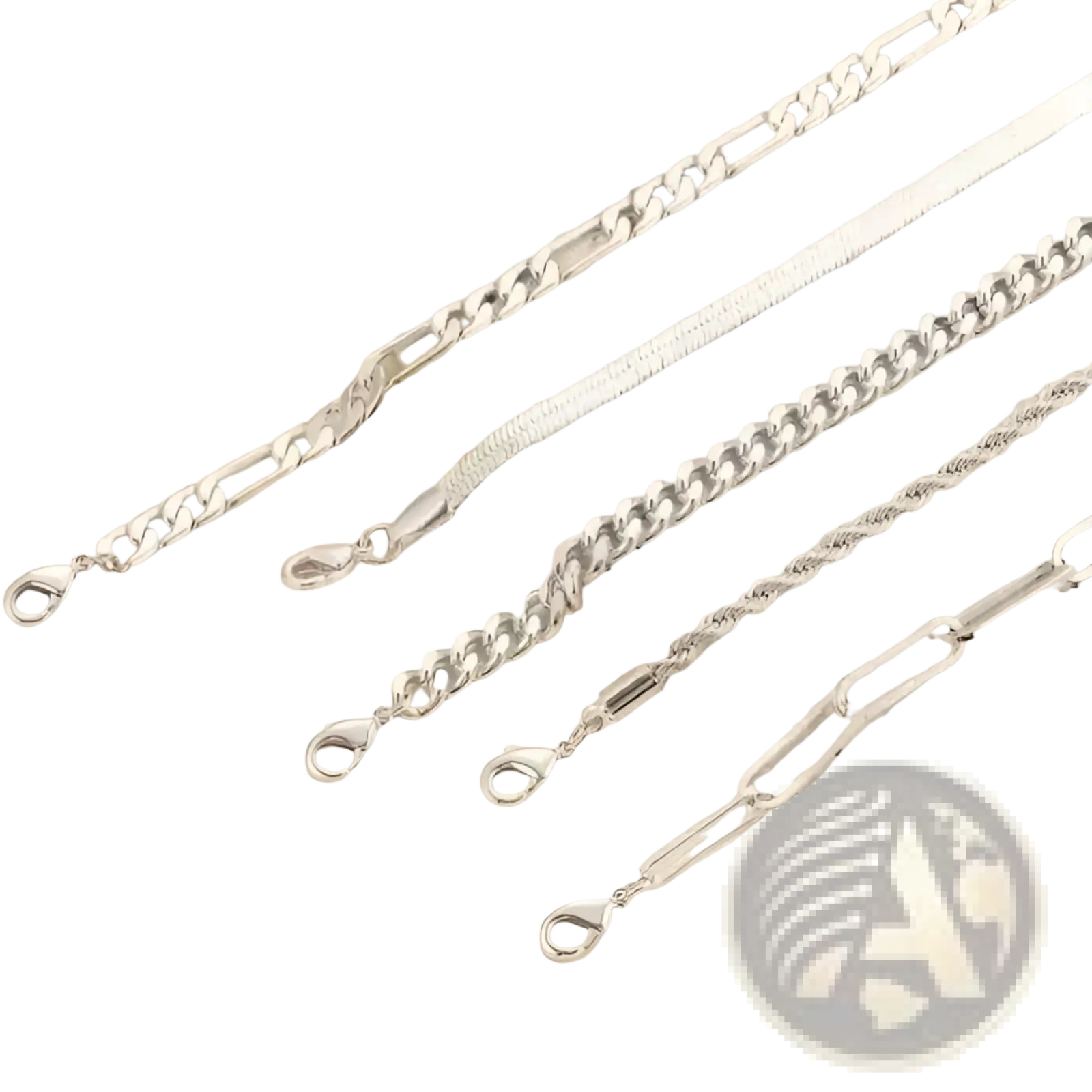 Five piece 14k silver plated adjustable stackable bracelet set featuring silver toned figaro snake and twisted chains