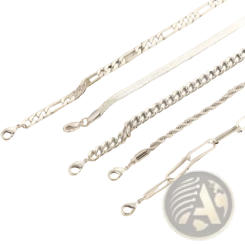 Five piece 14k silver plated adjustable stackable bracelet set featuring silver toned figaro snake and twisted chains