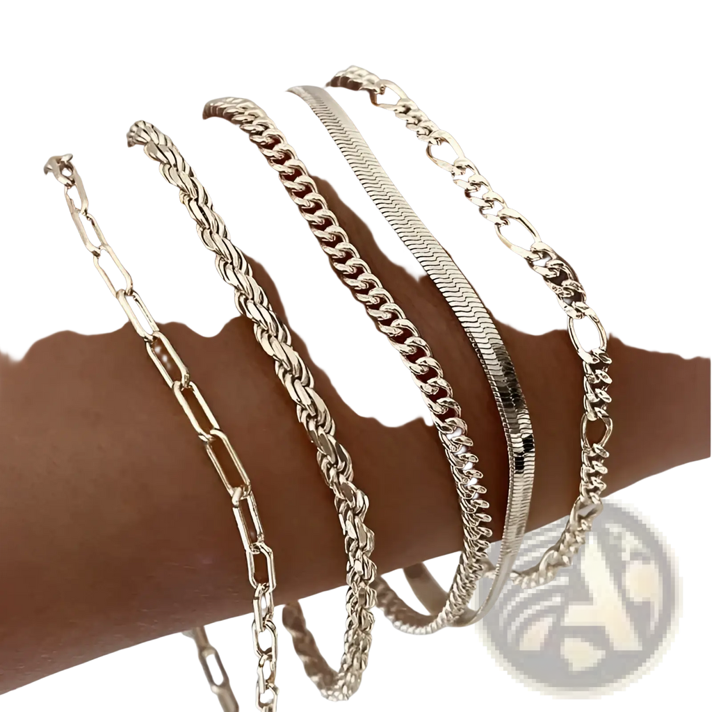A 5pcs 14k silver plated adjustable stackable bracelet set with silver-toned paperclip rope snake and figaro chain styles