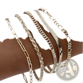 A 5pcs 14k silver plated adjustable stackable bracelet set with silver-toned paperclip rope snake and figaro chain styles
