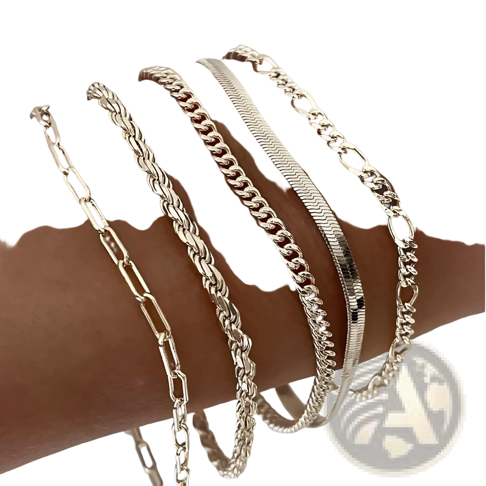 A 5pcs 14k silver plated adjustable stackable bracelet set with silver-toned paperclip rope snake and figaro chain styles