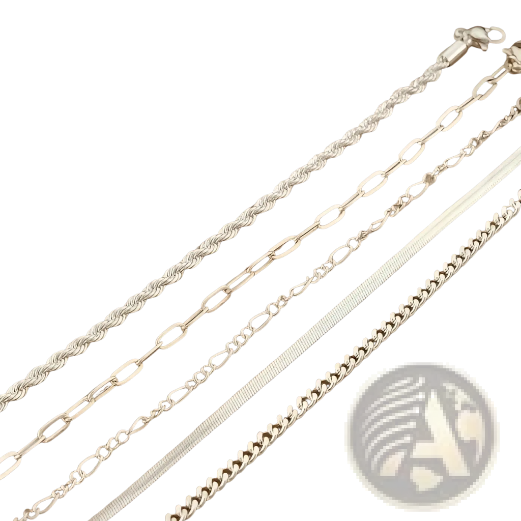 5pcs 14k silver plated adjustable stackable bracelets in various silver-toned chain styles including figaro and curb links