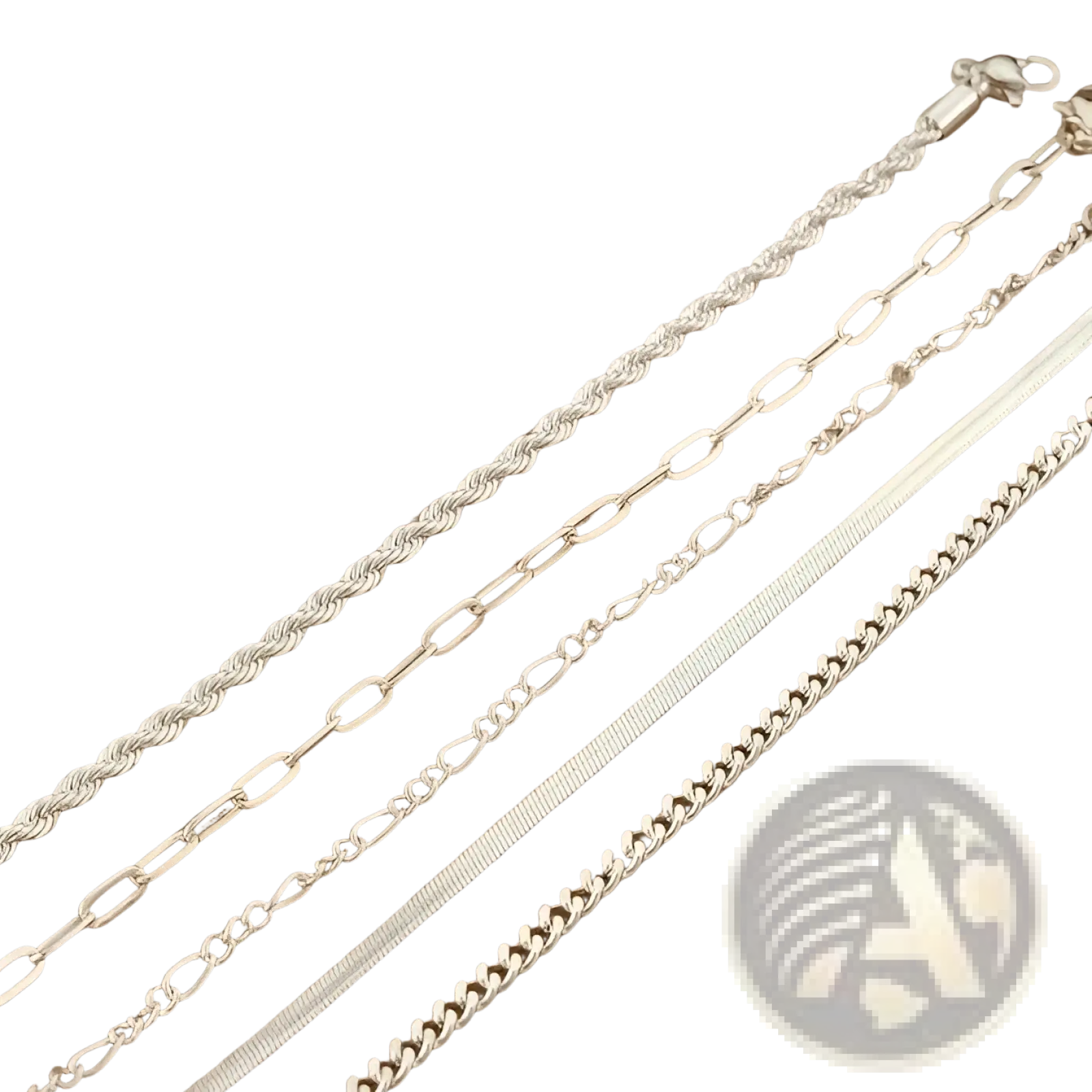 5pcs 14k silver plated adjustable stackable bracelets in various silver-toned chain styles including figaro and curb links