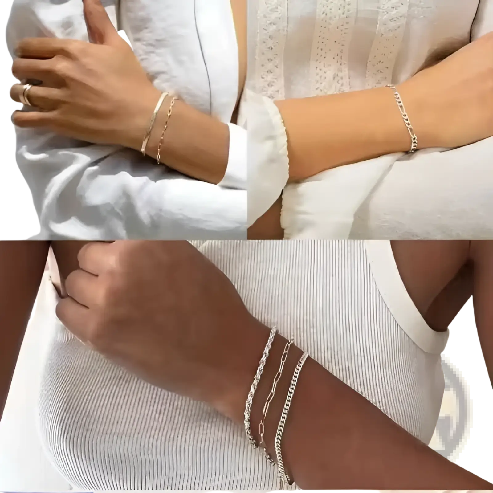Delicate gold-toned 5pcs 14k silver plated adjustable stackable chain bracelets with varying link styles on wrists