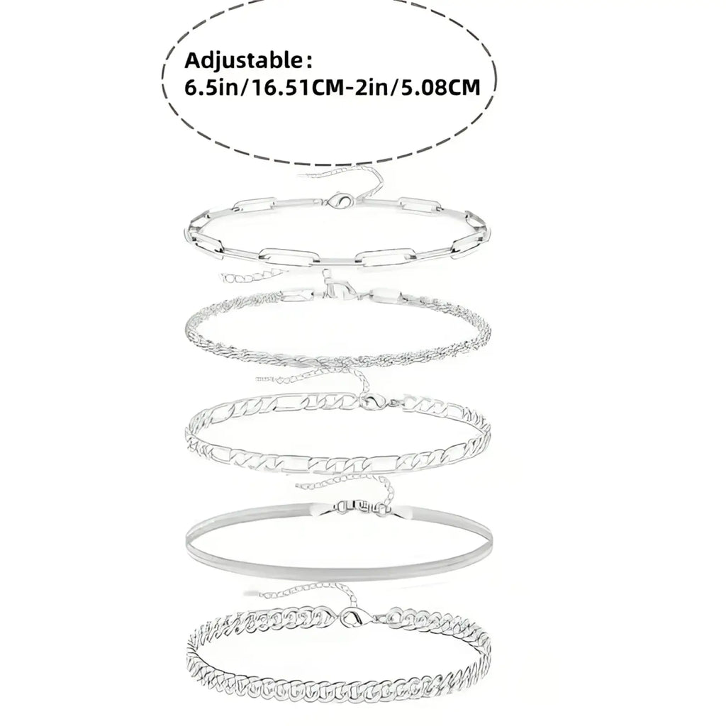 Set of six adjustable silver-toned chain necklaces in various link styles complementing 5pcs 14k silver plated bracelet set