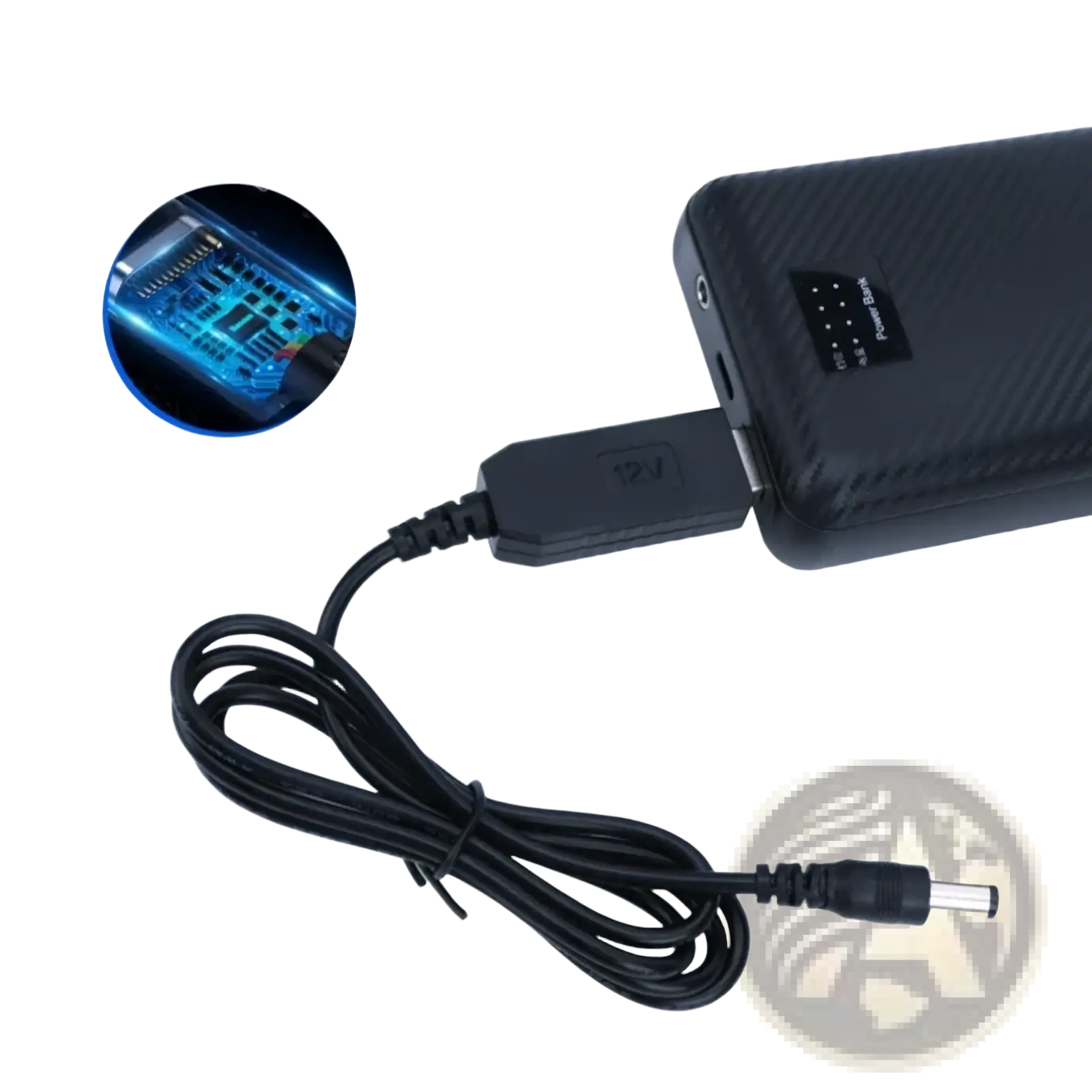 Black usb boost charging cable with 12v adapter plug and connector coiled neatly for portable 5v to 21v power supply