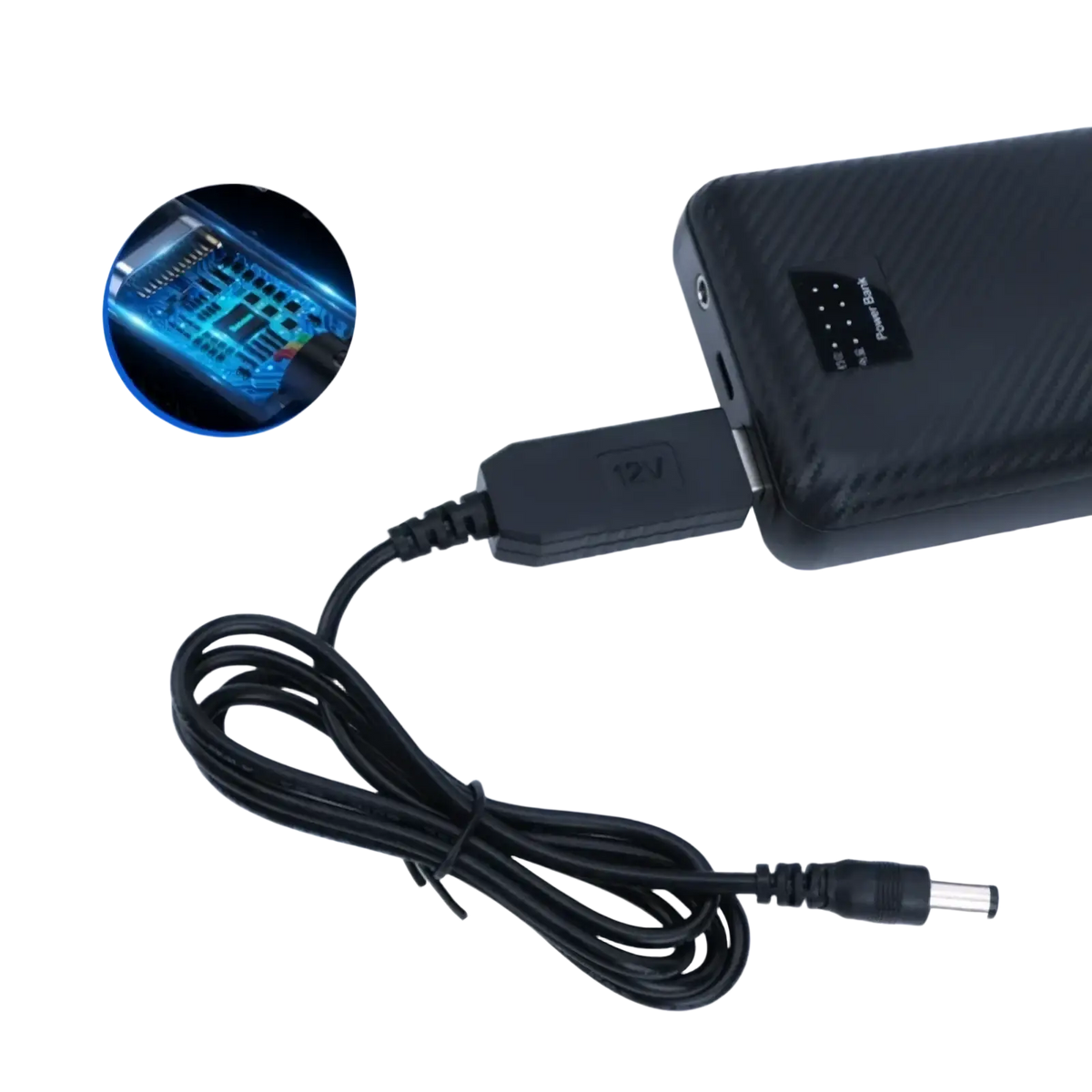 Black usb boost charging cable with 12v adapter plug and connector coiled neatly for portable 5v to 21v power supply