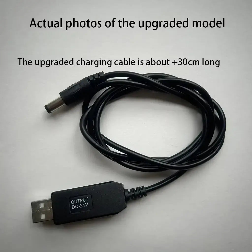 Black usb-to-dc charging cable with 5v to 21v boost adapter and coiled design for versatile power delivery