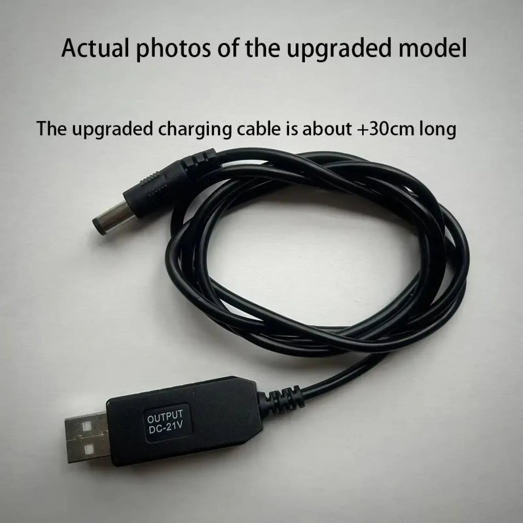 Black usb-to-dc charging cable with 5v to 21v boost adapter and coiled design for versatile power delivery