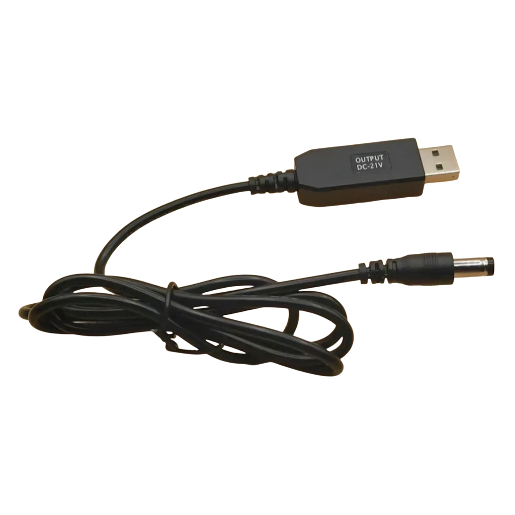 Black usb to dc power adapter cable with 21v output featuring usb-a connector and cylindrical dc barrel jack for charging