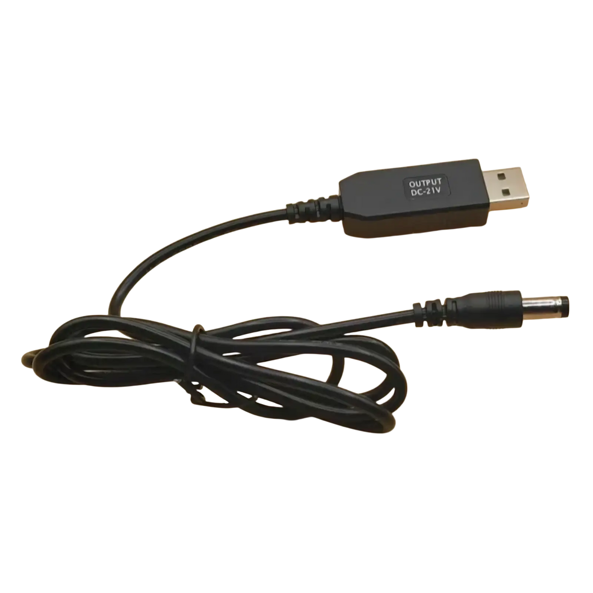 Black usb to dc power adapter cable with 21v output featuring usb-a connector and cylindrical dc barrel jack for charging