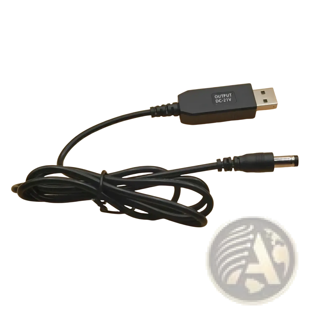Black usb to dc power adapter cable with 21v output featuring usb-a connector and cylindrical dc barrel jack for charging