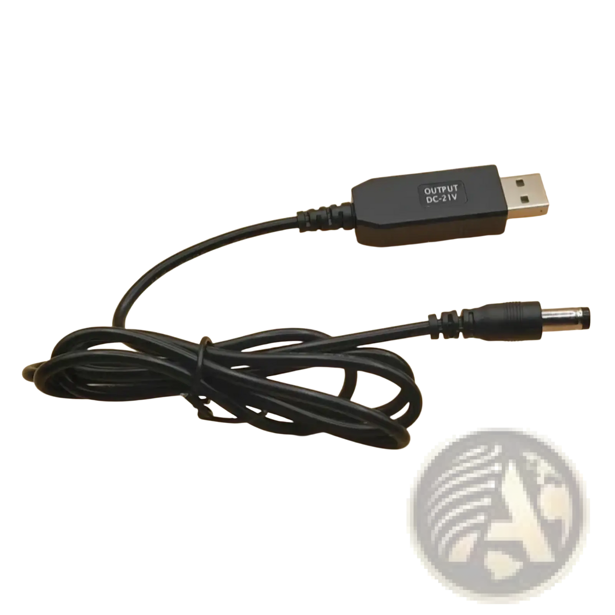 Black usb to dc power adapter cable with 21v output featuring usb-a connector and cylindrical dc barrel jack for charging