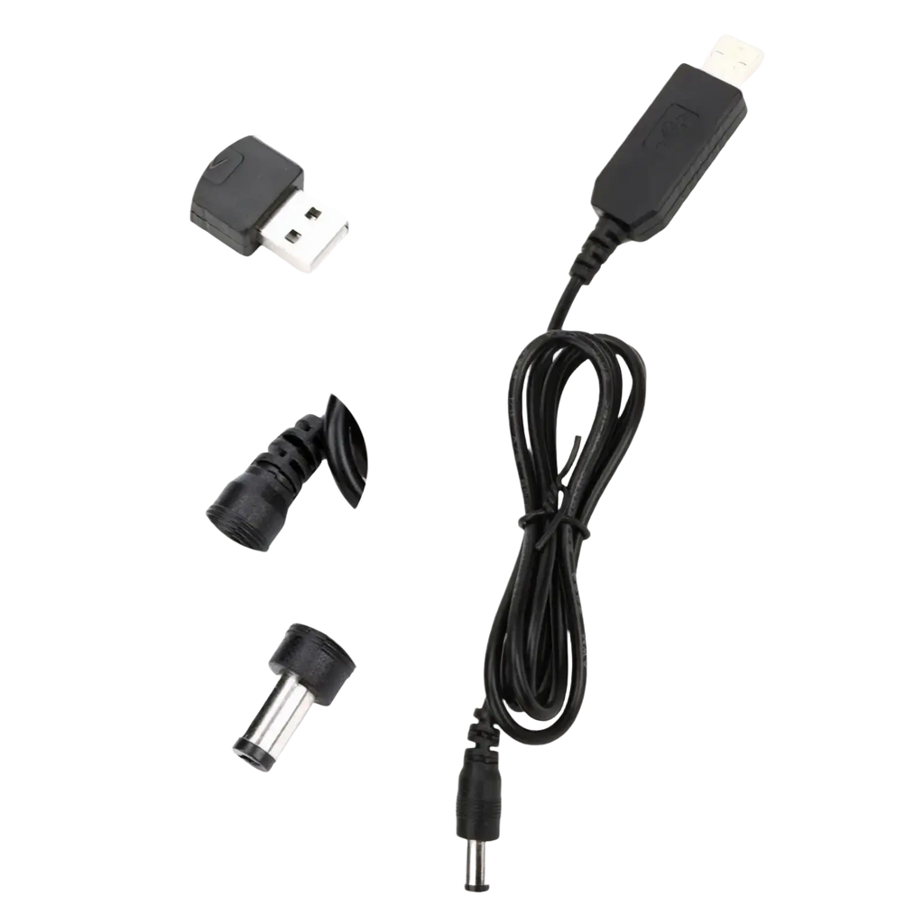 Black USB boost charging cable with silver-plated connector and reinforced barrel plug for 5v to 21v power adapters